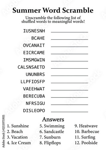Summer Word Scramble and Puzzle, Fun Educational Game for Kids, Teens & Adults