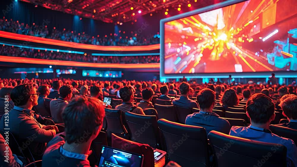Large Audience Watching a High-Tech Digital Presentation in a Modern Conference Hall with Immersive Visual Effects

