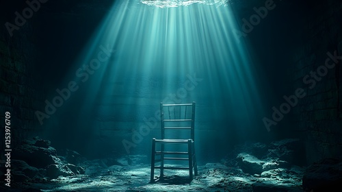 A solitary chair sits in a submerged stone chamber