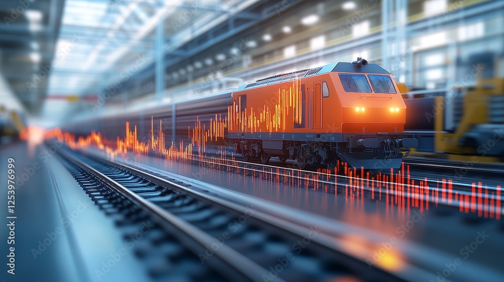 Fototapeta premium Dynamic Train in Motion with Blurred Background and Sound Wave Visualization, Capturing the Essence of Speed and Technology in a Modern Rail Environment