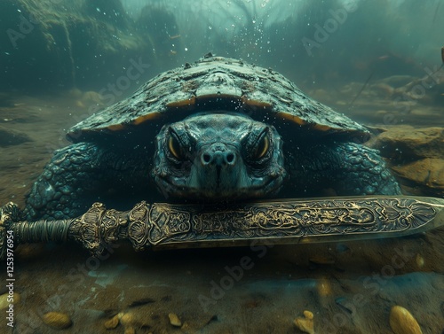 Hoan Kiem turtle Kim Quy from Vietnamese legend holds a sword in its mouth
