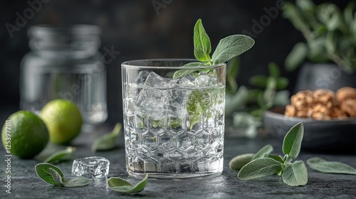 Sparkling water with lime and sage. Dark background. Refreshing drink photo for websites photo