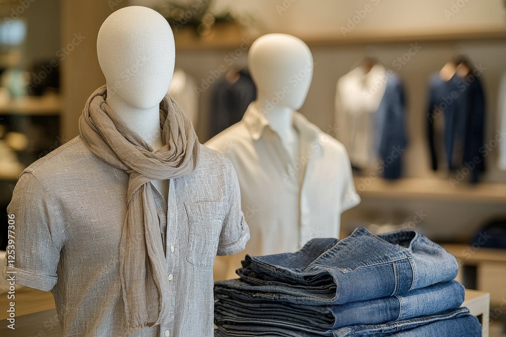 Modern men's fashion store display with mannequins and denim jeans Modern men's fashion store display with mannequins and denim jeans