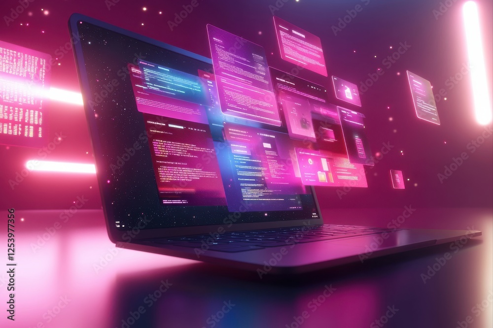 Dynamic data processing action virtual workspace digital content futuristic environment close-up viewpoint technology concept