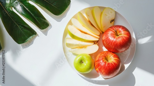 Crisp apple slices artfully arranged on a white plate in bright sunlight top view realistic food photography