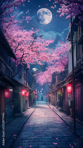 A Japanese street at night, with a full moon
