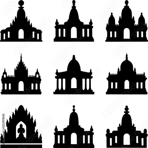 Set of  various items Silhouette of an Indian Temple