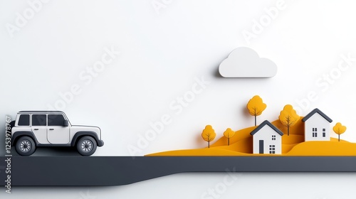 Minimalist illustration of a car driving along a road with stylized homes and autumn trees showcasing a serene landscape and modern design aesthetics for various creative projects. photo