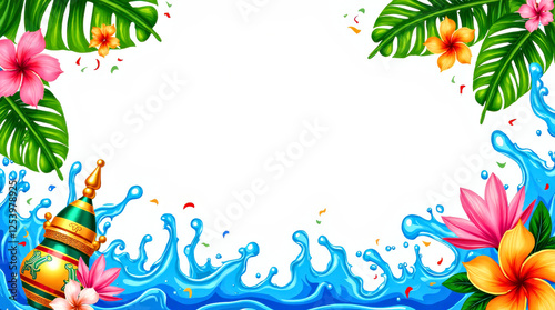 Exotic Floral Border with Tropical Leaves, Vibrant Flowers, and Splashing Water Elements.Traditional Thai water festival Songkran holiday scene