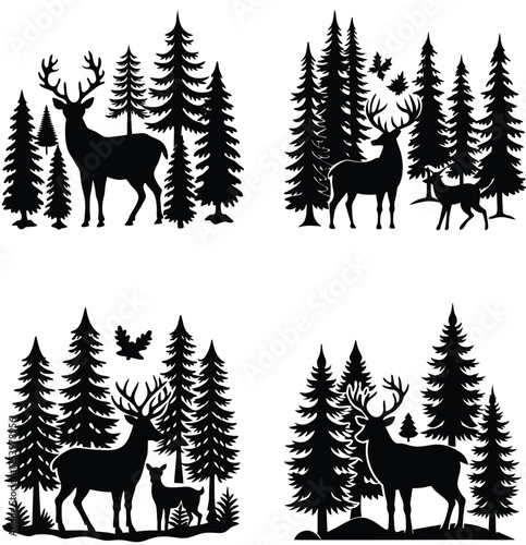 set of silhouettes of trees Deer Black silhouette of wild forest woods  forest, designed for logos related to wildlife adventure,