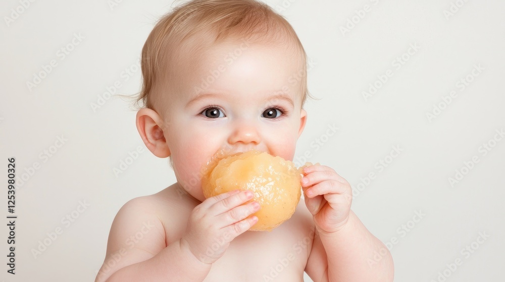 Baby eating a fruit against plain background. Possible use Stock photo for baby products, food, health, or childcare Baby eating a fruit against plain background. Possible use Stock photo for baby products, food, health, or childcare
