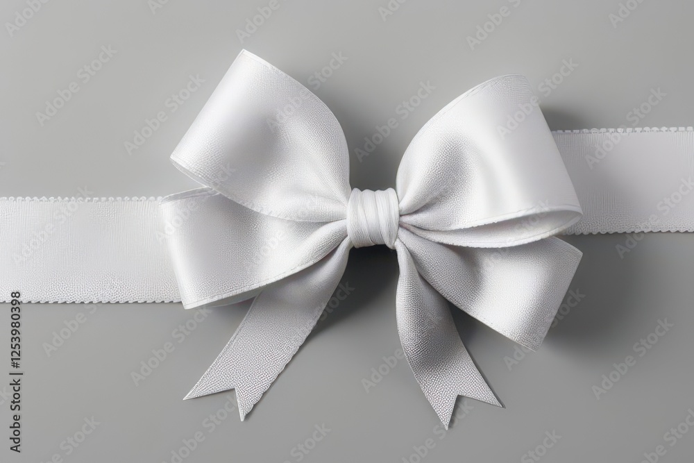 Naklejka premium Elegant White Satin Ribbon Bow on Gray Background: Gift Wrapping, Decoration, Celebration, Holiday, Wedding