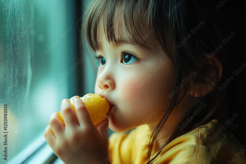 A young child gazes outside while enjoying an orange popsicle, capturing a moment of quiet reflection and simple joy. A young child gazes outside while enjoying an orange popsicle, capturing a moment of quiet reflection and simple joy.
