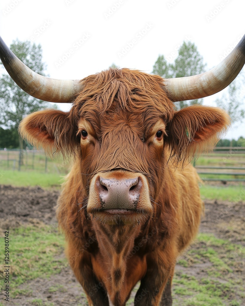 Majestic Highland Cattle with Long Horns Captured in a Vertical Close-Up in the Wild Majestic Highland Cattle with Long Horns Captured in a Vertical Close-Up in the Wild