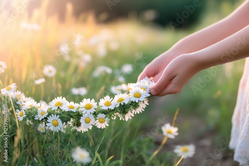 Hands Crafting Floral Garland from Daisies and Clover Amidst a Sunlit Meadow with a Dusty Pathway Behind