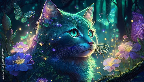 dreamy art cat in magic forest
