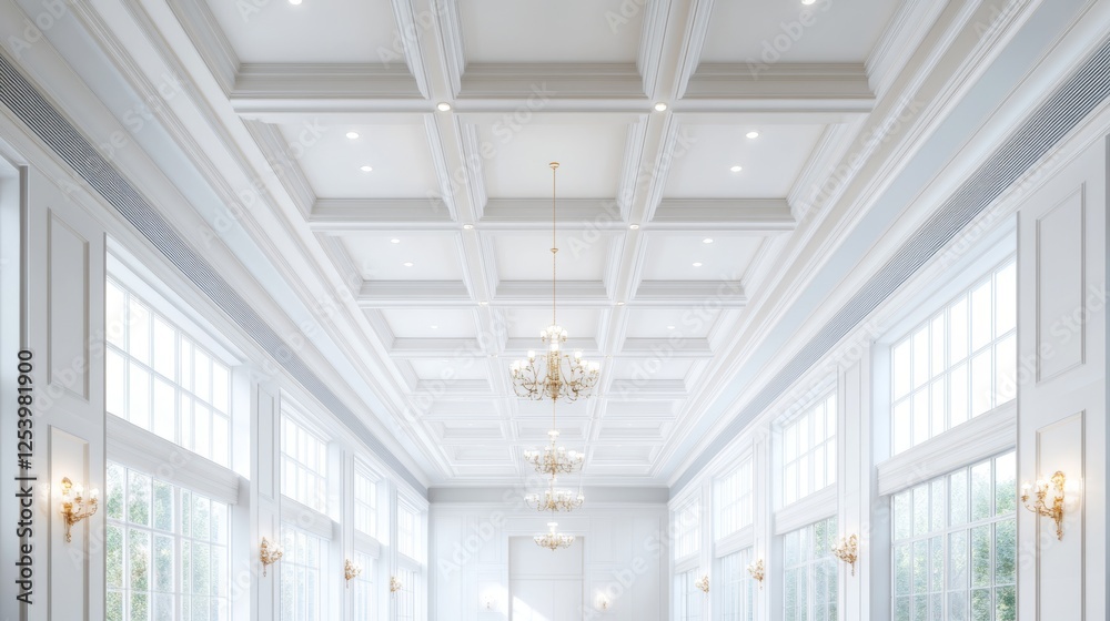 Elegant interior of a spacious and airy hall showcasing decorative ceiling details, large windows, and stylish chandeliers, perfect for events and gatherings Elegant interior of a spacious and airy hall showcasing decorative ceiling details, large windows, and stylish chandeliers, perfect for events and gatherings
