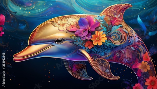 Art style dolphin with flowers underwater 