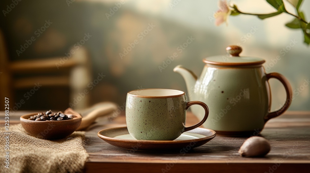Cozy tea setup with teapot and cups on wooden table Cozy tea setup with teapot and cups on wooden table