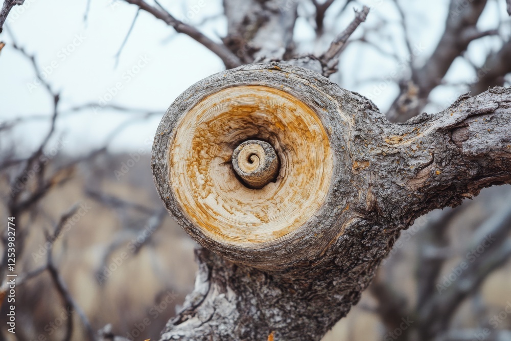Fototapeta premium The cross-section of a tree branch forms a natural spiral, showcasing intricate patterns and textures against a blurred natural backdrop.