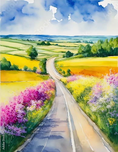 road in the field with flowers