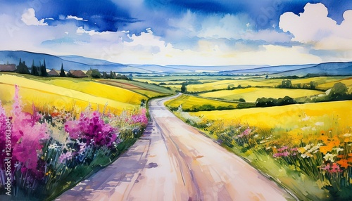 spring landscape with road and flowers