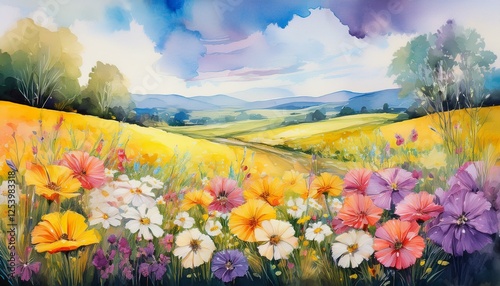 summer landscape with flowers and sea