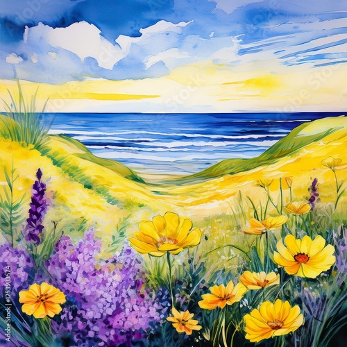 summer landscape with flowers and sea