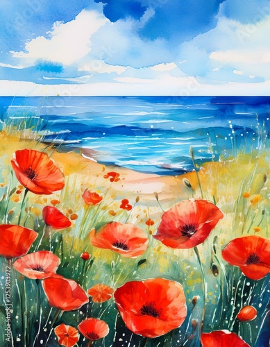 watercolor painted poppy flowers on the beach