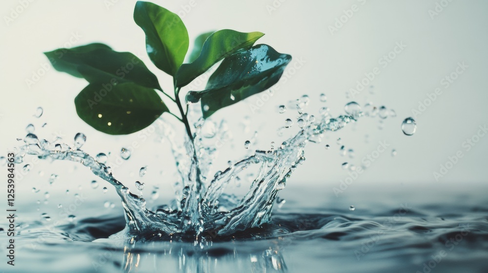 Green plant splashing in water, symbolizing freshness and vitality Green plant splashing in water, symbolizing freshness and vitality