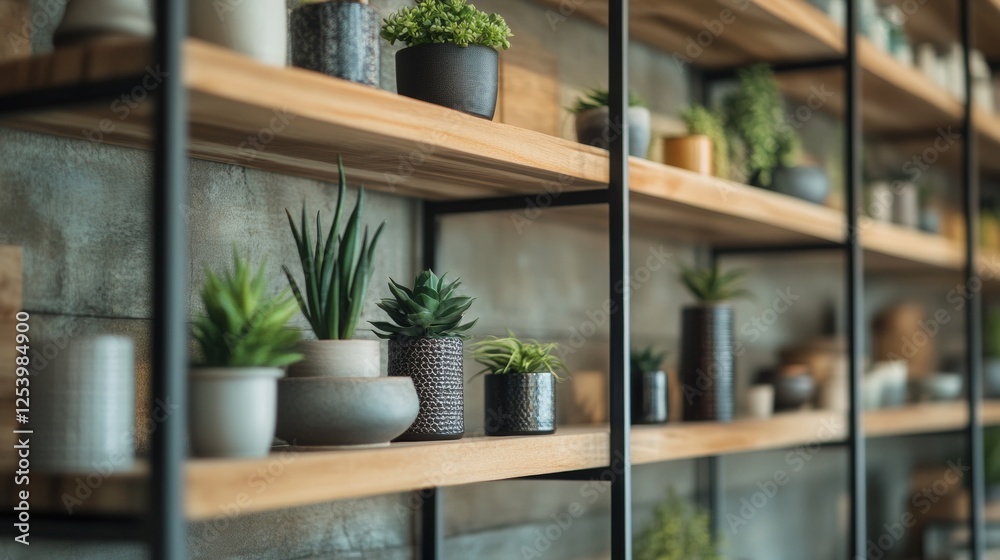 Fototapeta premium Modern plant shelf with potted greenery