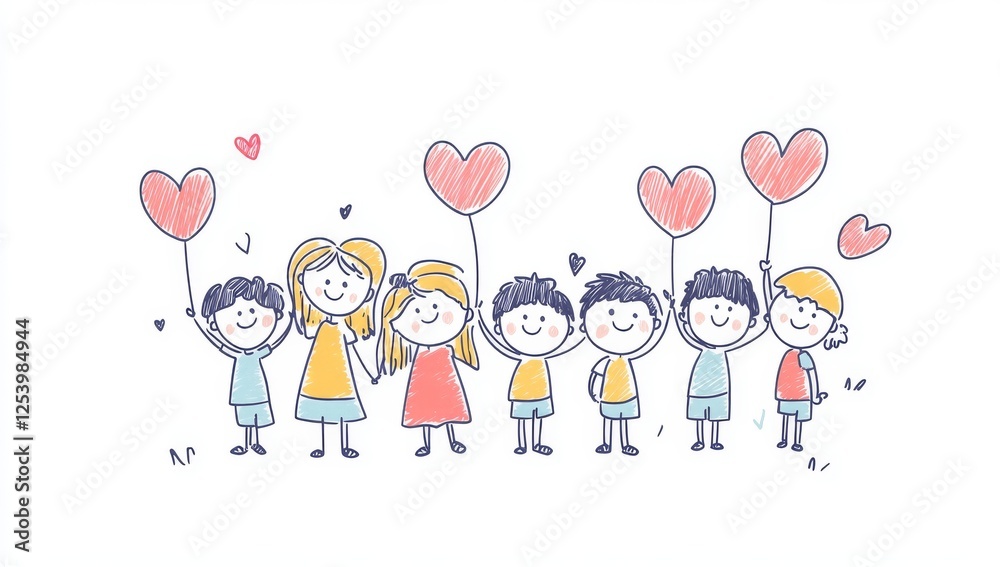 Happy children holding heart shaped balloons celebrating world love day