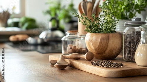 Wooden kitchen utensils and fresh herbs on a rustic counter photo