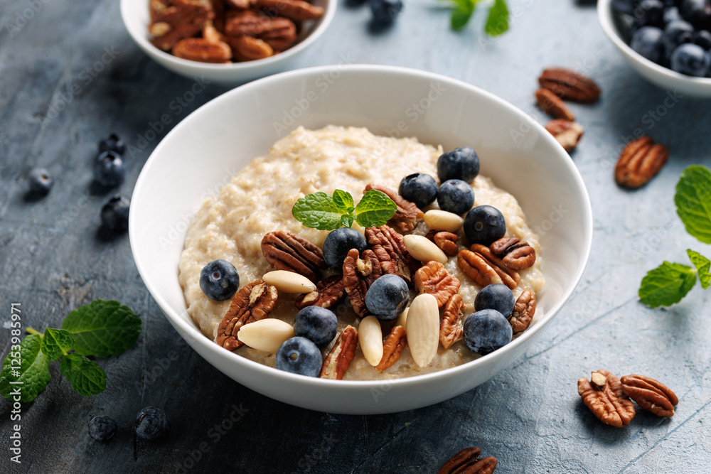 Oatmeal porridge with blueberry, almonds, and pecan healthy food breakfast. Oatmeal porridge with blueberry, almonds, and pecan healthy food breakfast.