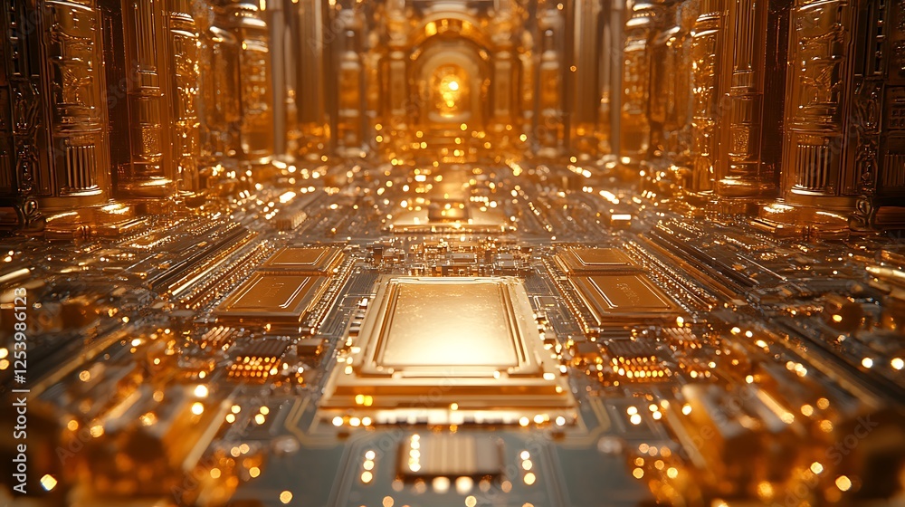 Shining electronic gold PCB with complex pathways and advanced microchips Shining electronic gold PCB with complex pathways and advanced microchips