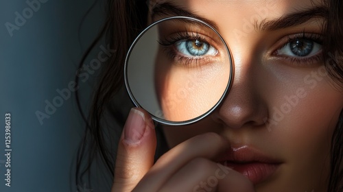 Close-up portrait of a woman holding a magnifying glass photo