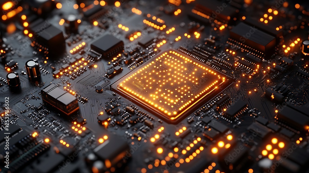 Macro shot of glowing gold printed circuit board with high tech components Macro shot of glowing gold printed circuit board with high tech components