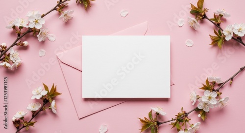 A soft and romantic flat-lay of a blank white card placed next to a pastel pink envelope on a pink background