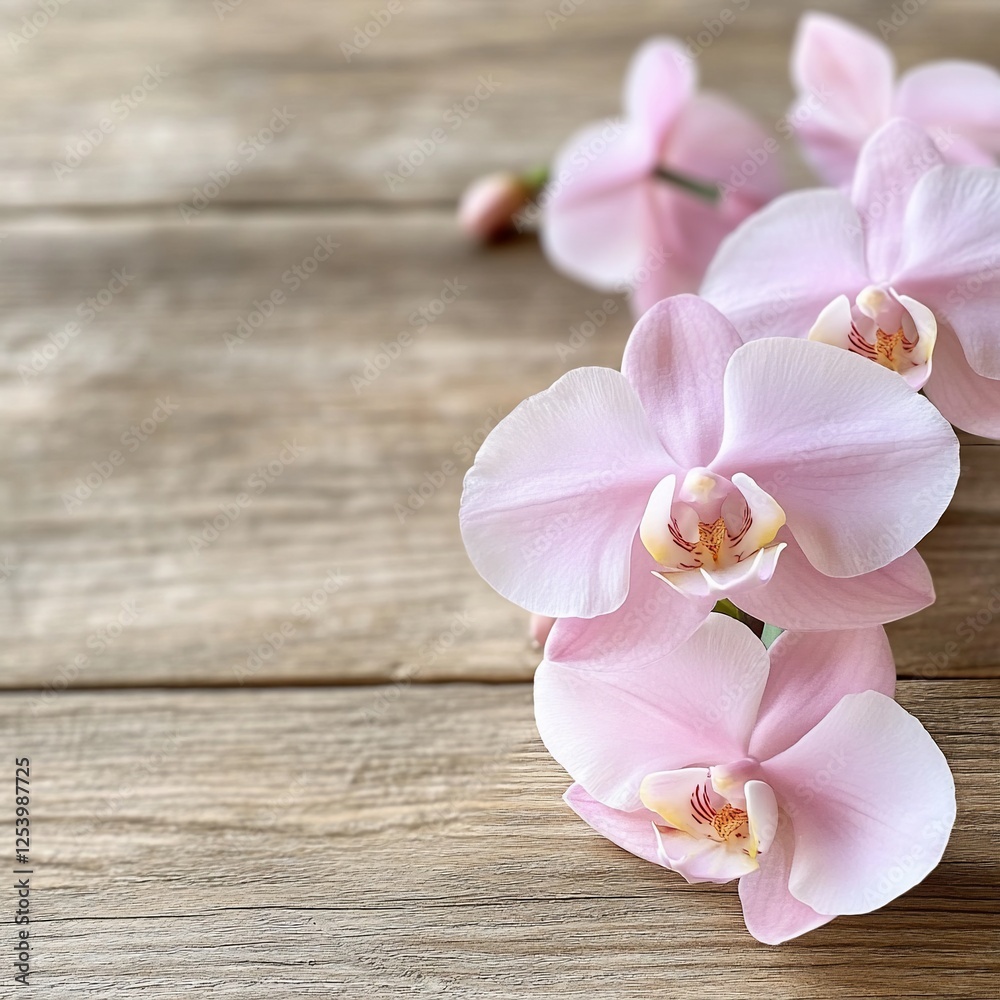 Delicate Pink Orchids on Rustic Wooden Background: A Serene Floral Display