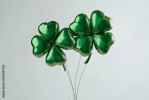 Three shiny green balloons shaped like four-leaf clovers float together against a light background. They are festive decorations for a celebration honoring Irish culture and good luck.