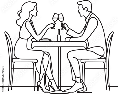 Elegant Line Art of a Couple Sharing Wine at Dinner – Vector Illustration