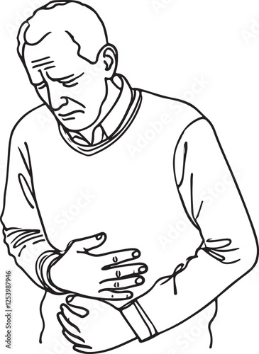 Line Drawing of Senior Man Holding Stomach in Agony