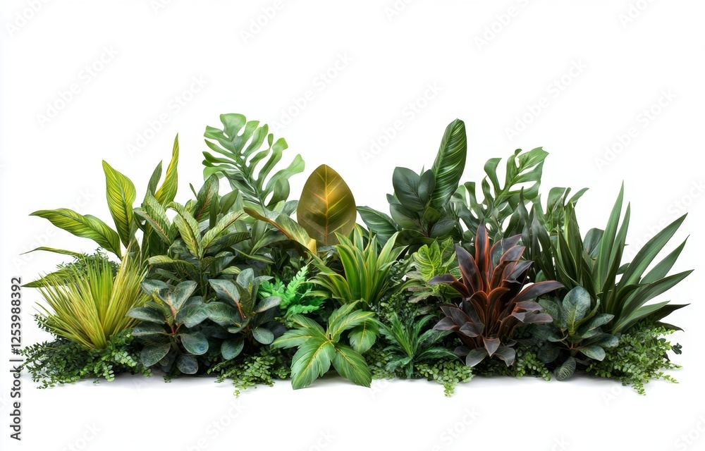 Fototapeta premium Tropical foliage arrangement, studio shot, white background, greenery decor