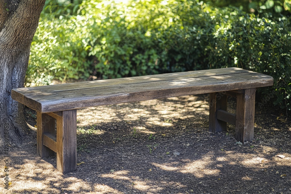 A rustic wooden bench basks in dappled sunlight amidst a lush garden, evoking serenity and contemplation. A rustic wooden bench basks in dappled sunlight amidst a lush garden, evoking serenity and contemplation.