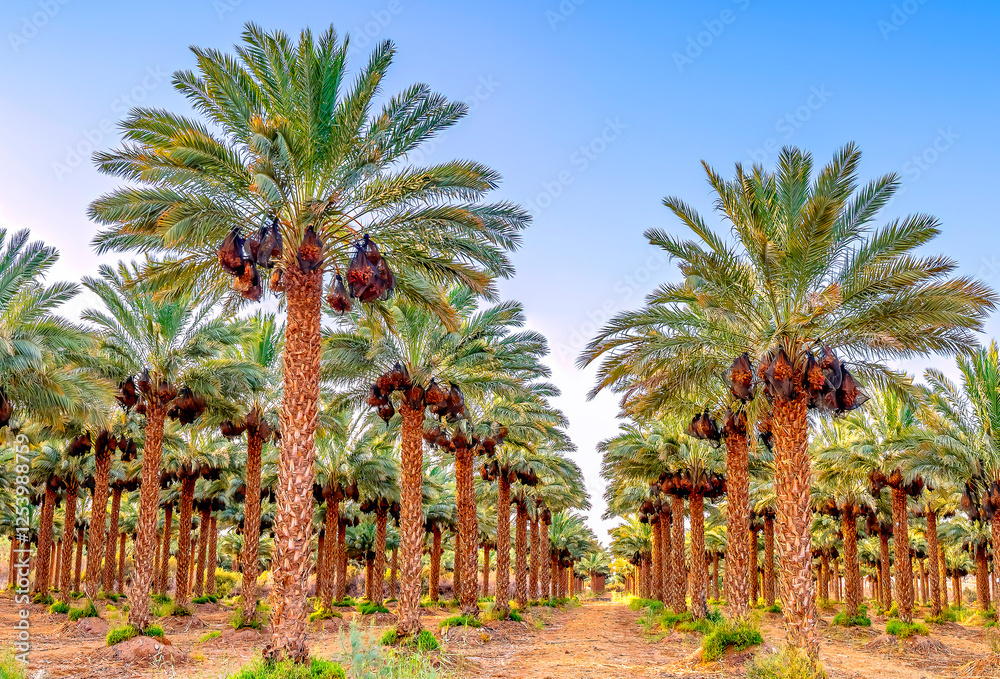 Palm trees and bunches of ripening dates fruits protected with plastic sacks against wild birds, desert and arid sustainable agriculture industry in the Middle East Palm trees and bunches of ripening dates fruits protected with plastic sacks against wild birds, desert and arid sustainable agriculture industry in the Middle East
