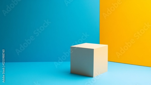 Minimalist geometric block against vibrant blue and yellow walls photo