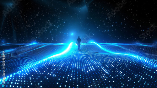 future technology of a man walking in a virtual technology, on a black background, with binary codes data flow, generative ai