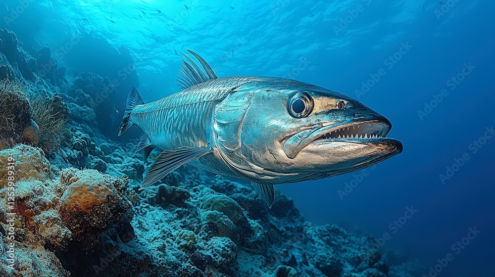 Fototapeta premium Speckled fish near vibrant coral reef in underwater scene