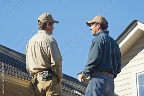 Roofer discusses repair options and costs with homeowner in a sunny outdoor setting