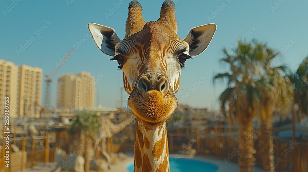 Obraz premium Giraffe close-up, zoo, city background, wildlife conservation